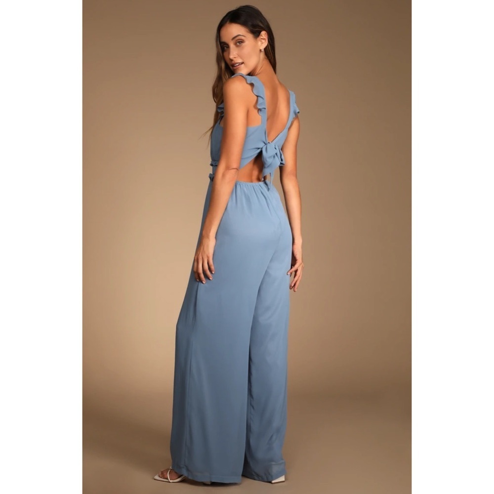 Lulu’s Stun with Elegance Slate Blue Ruffled Tie-Back Wide-Leg Jumpsuit Sz L - Picture 2 of 11